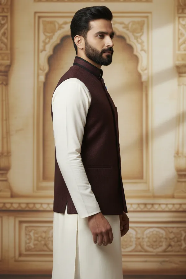 Maroon_Premium_Pattern_Velvet_Nehru_Jacket_Kurta_Pajama_Set_For_Men
