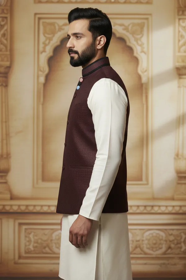 Maroon_Premium_Pattern_Velvet_Nehru_Jacket_Kurta_Pajama_Set_For_Men