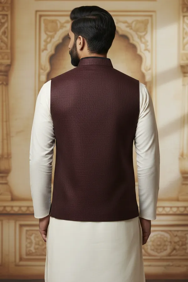 Maroon_Premium_Pattern_Velvet_Nehru_Jacket_Kurta_Pajama_Set_For_Men