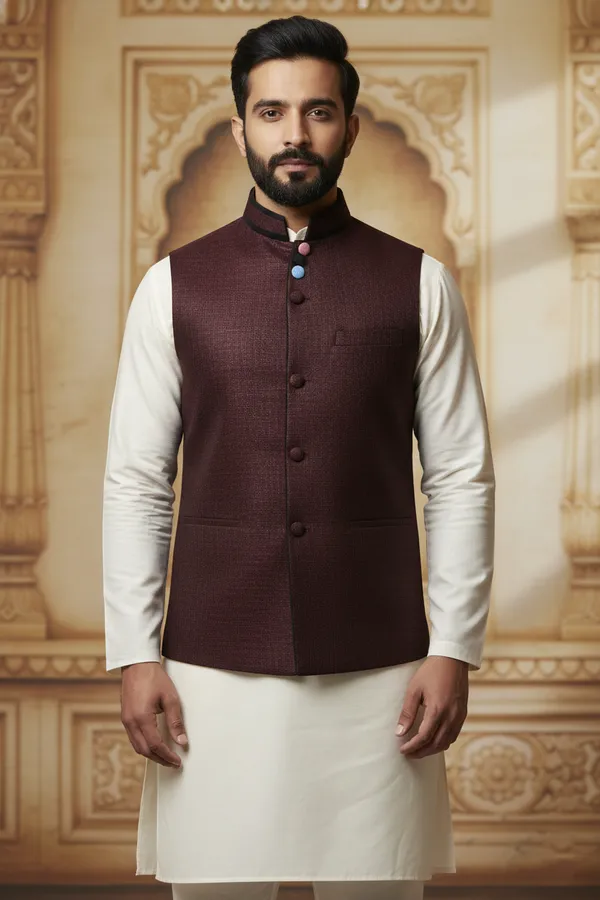 Maroon_Premium_Pattern_Velvet_Nehru_Jacket_Kurta_Pajama_Set_For_Men