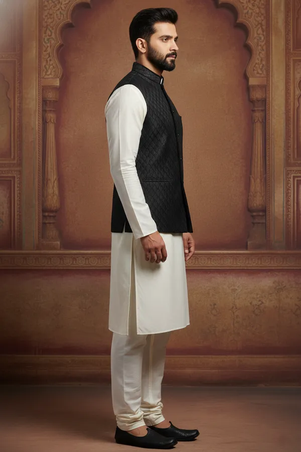 Black_Premium_Pattern_Poly_Silk_Nehru_Jacket_Kurta_Pajama_Set_For_Men