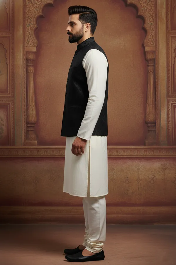 Black_Premium_Pattern_Poly_Silk_Nehru_Jacket_Kurta_Pajama_Set_For_Men
