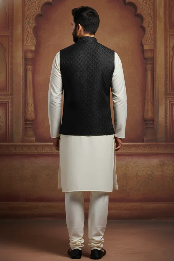 Black_Premium_Pattern_Poly_Silk_Nehru_Jacket_Kurta_Pajama_Set_For_Men