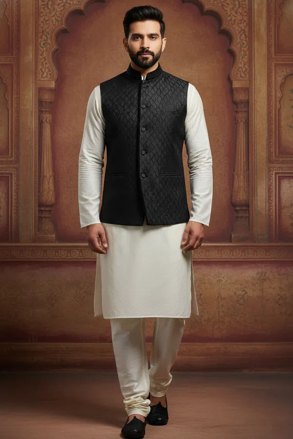 Black_Premium_Pattern_Poly_Silk_Nehru_Jacket_Kurta_Pajama_Set_For_Men