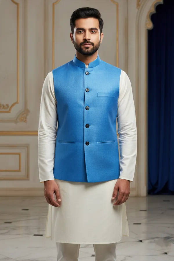 Skyblue_Premium_Pattern_Poly_Silk_Nehru_Jacket_Kurta_Pajama_Set_For_Men