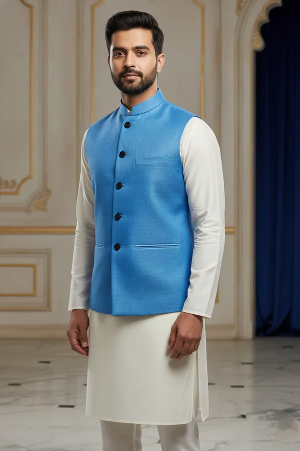 Skyblue_Premium_Pattern_Poly_Silk_Nehru_Jacket_Kurta_Pajama_Set_For_Men