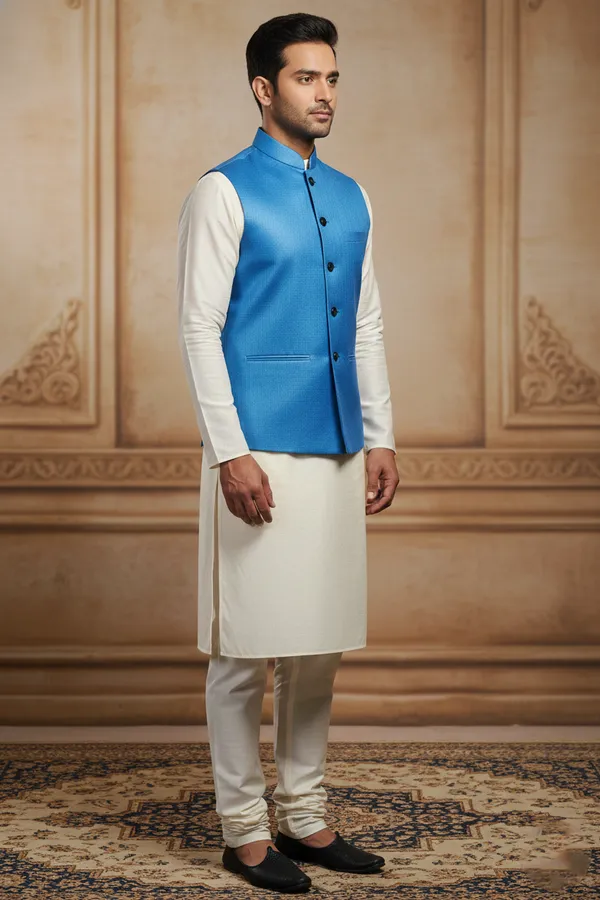 Skyblue_Premium_Pattern_Poly_Silk_Nehru_Jacket_Kurta_Pajama_Set_For_Men