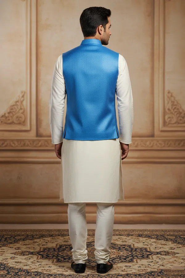 Skyblue_Premium_Pattern_Poly_Silk_Nehru_Jacket_Kurta_Pajama_Set_For_Men