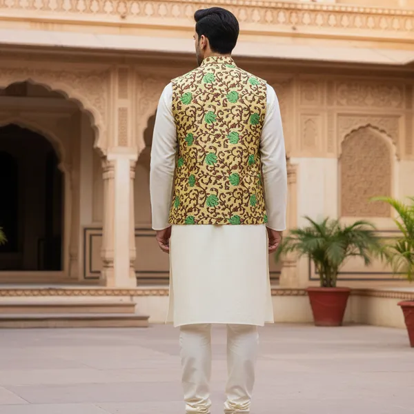 Mustard_And_Green_Premium_Pattern_Poly_Silk_Nehru_Jacket_Kurta_Pajama_Set_For_Men