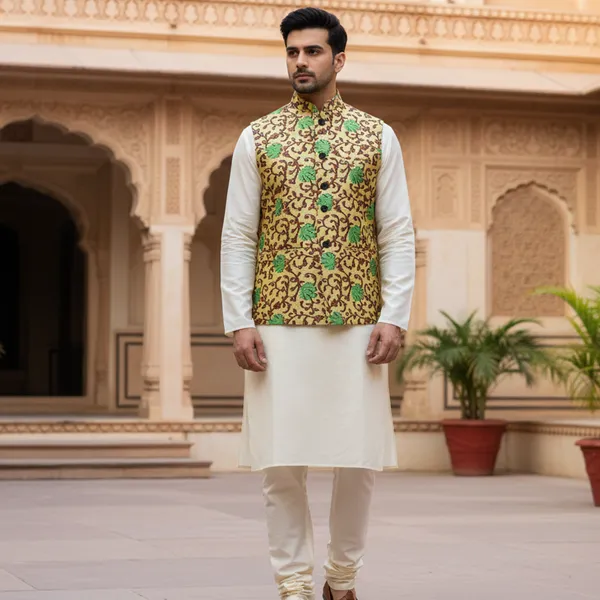 Mustard_And_Green_Premium_Pattern_Poly_Silk_Nehru_Jacket_Kurta_Pajama_Set_For_Men