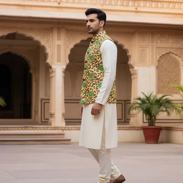 Mustard_And_Green_Premium_Pattern_Poly_Silk_Nehru_Jacket_Kurta_Pajama_Set_For_Men