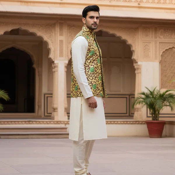 Mustard_And_Green_Premium_Pattern_Poly_Silk_Nehru_Jacket_Kurta_Pajama_Set_For_Men