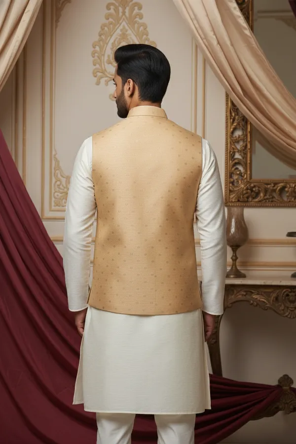 Beige_Premium_Pattern_Poly_Silk_Nehru_Jacket_Kurta_Pajama_Set_For_Men