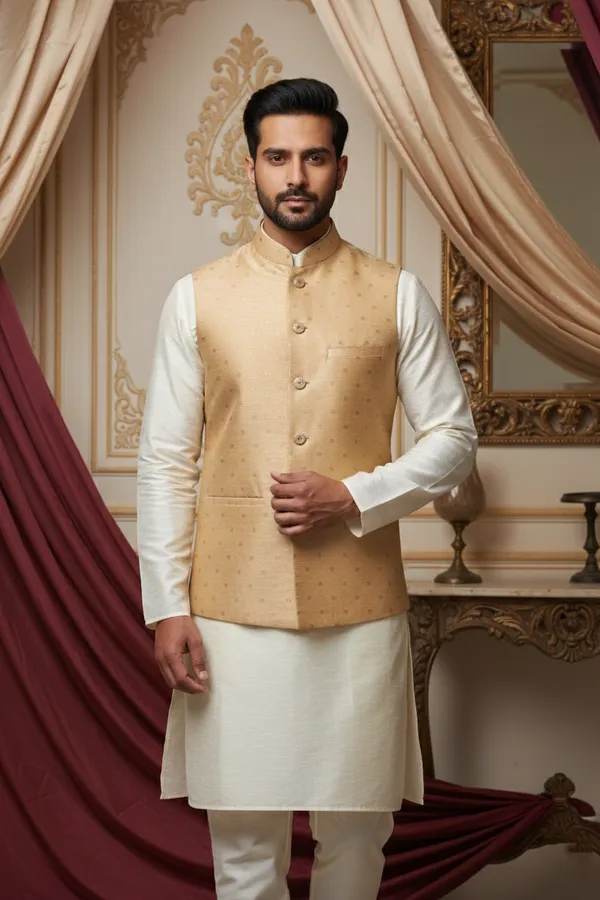 Beige_Premium_Pattern_Poly_Silk_Nehru_Jacket_Kurta_Pajama_Set_For_Men