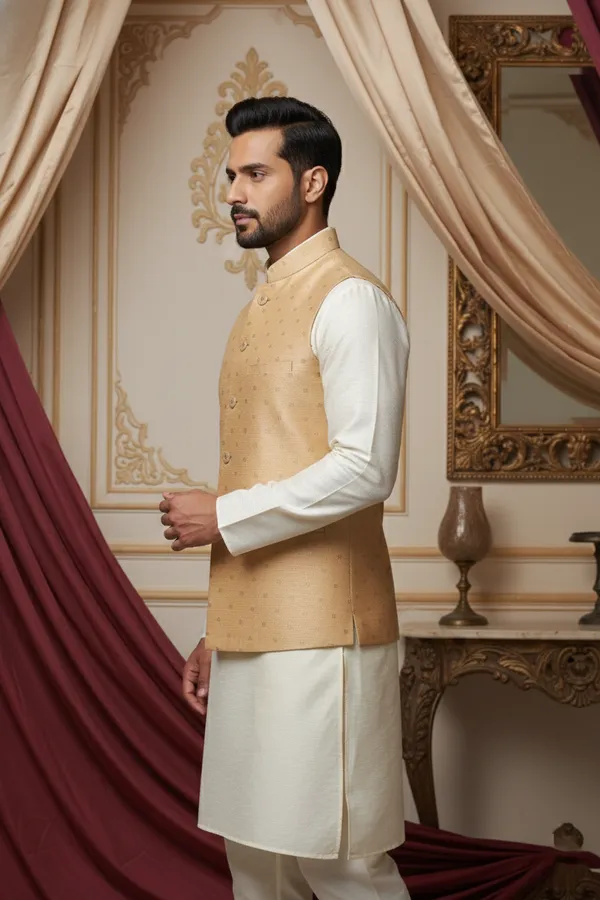 Beige_Premium_Pattern_Poly_Silk_Nehru_Jacket_Kurta_Pajama_Set_For_Men