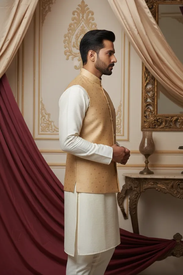 Beige_Premium_Pattern_Poly_Silk_Nehru_Jacket_Kurta_Pajama_Set_For_Men