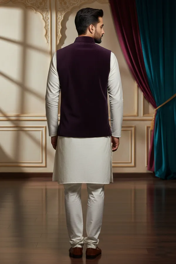 Plum_Premium_Pattern_Poly_Silk_Nehru_Jacket_Kurta_Pajama_Set_For_Men