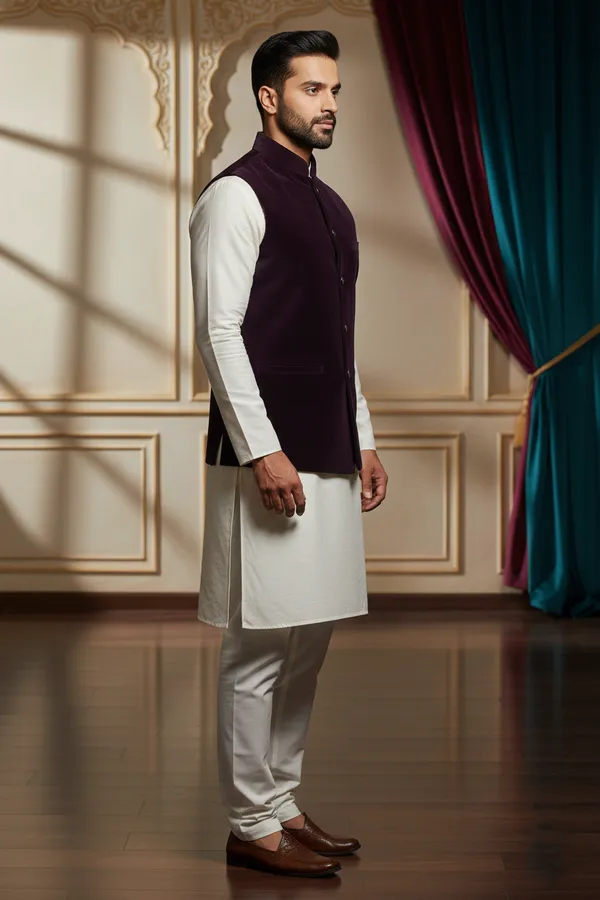 Plum_Premium_Pattern_Poly_Silk_Nehru_Jacket_Kurta_Pajama_Set_For_Men