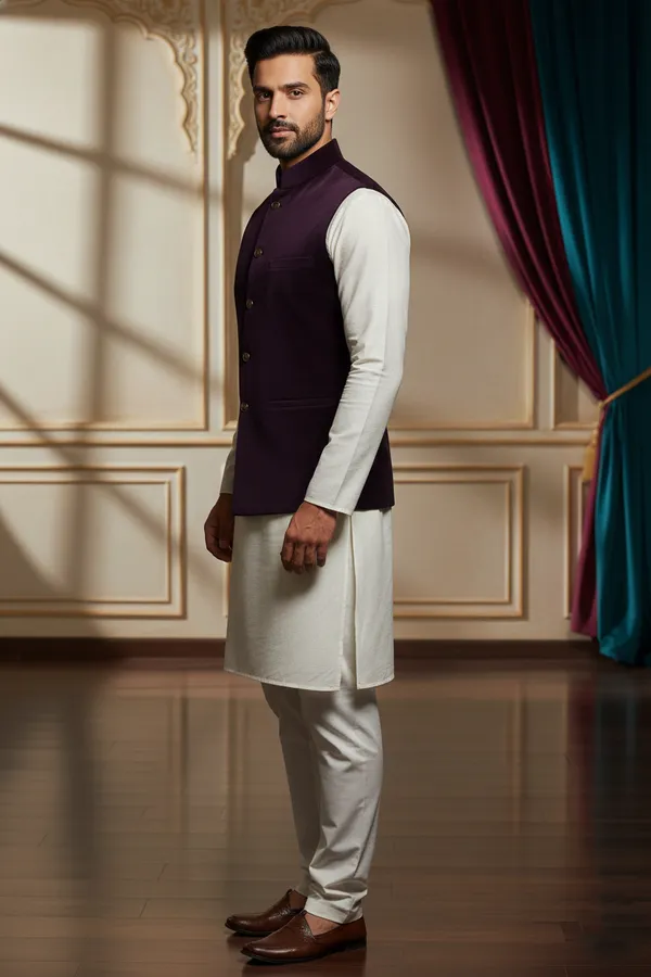 Plum_Premium_Pattern_Poly_Silk_Nehru_Jacket_Kurta_Pajama_Set_For_Men