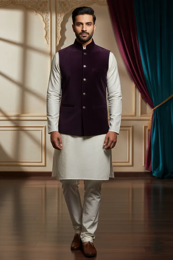 Plum_Premium_Pattern_Poly_Silk_Nehru_Jacket_Kurta_Pajama_Set_For_Men