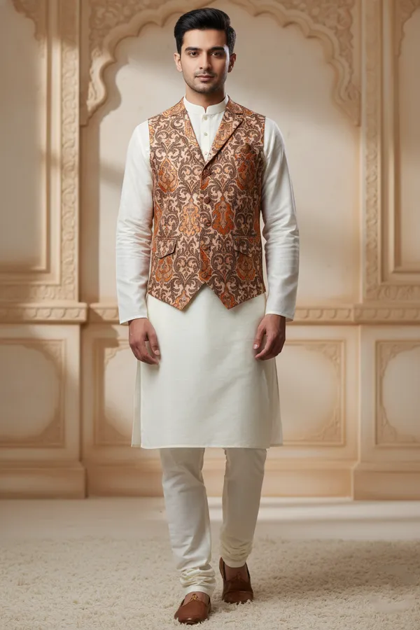 Tan_And_Brown_Premium_Pattern_Poly_Silk_Nehru_Jacket_Kurta_Pajama_Set_For_Men