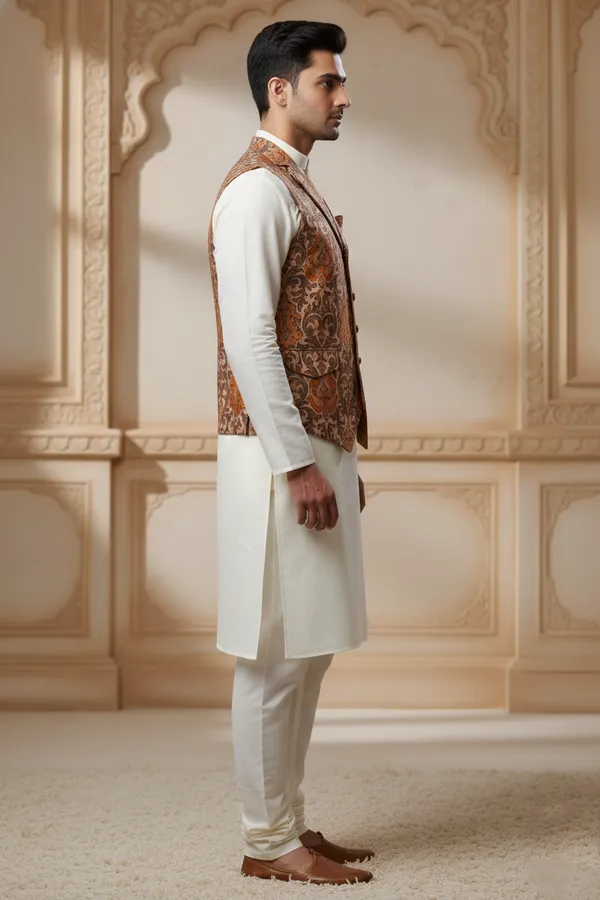 Tan_And_Brown_Premium_Pattern_Poly_Silk_Nehru_Jacket_Kurta_Pajama_Set_For_Men