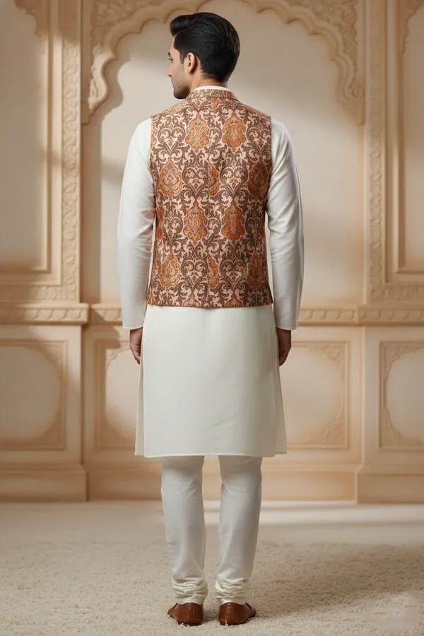 Tan_And_Brown_Premium_Pattern_Poly_Silk_Nehru_Jacket_Kurta_Pajama_Set_For_Men