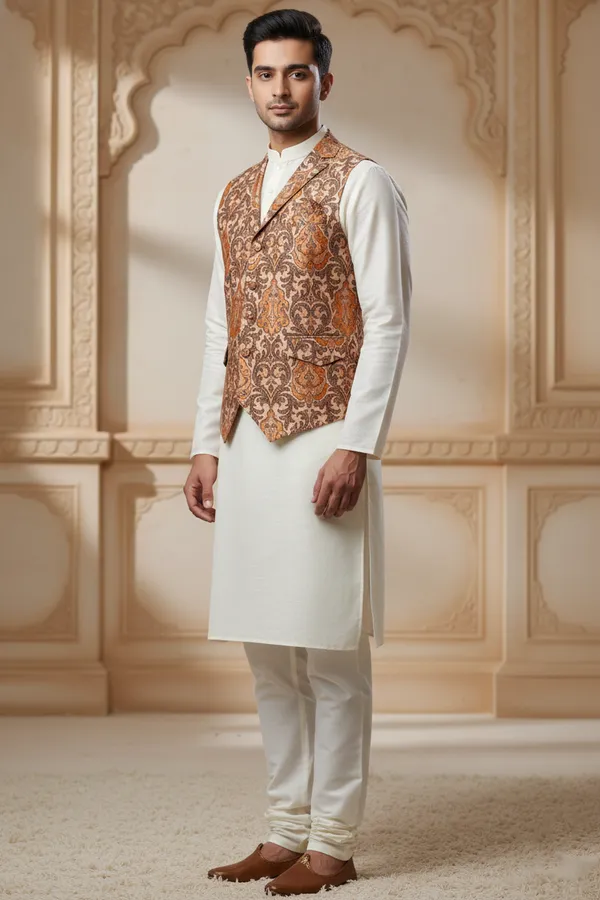 Tan_And_Brown_Premium_Pattern_Poly_Silk_Nehru_Jacket_Kurta_Pajama_Set_For_Men