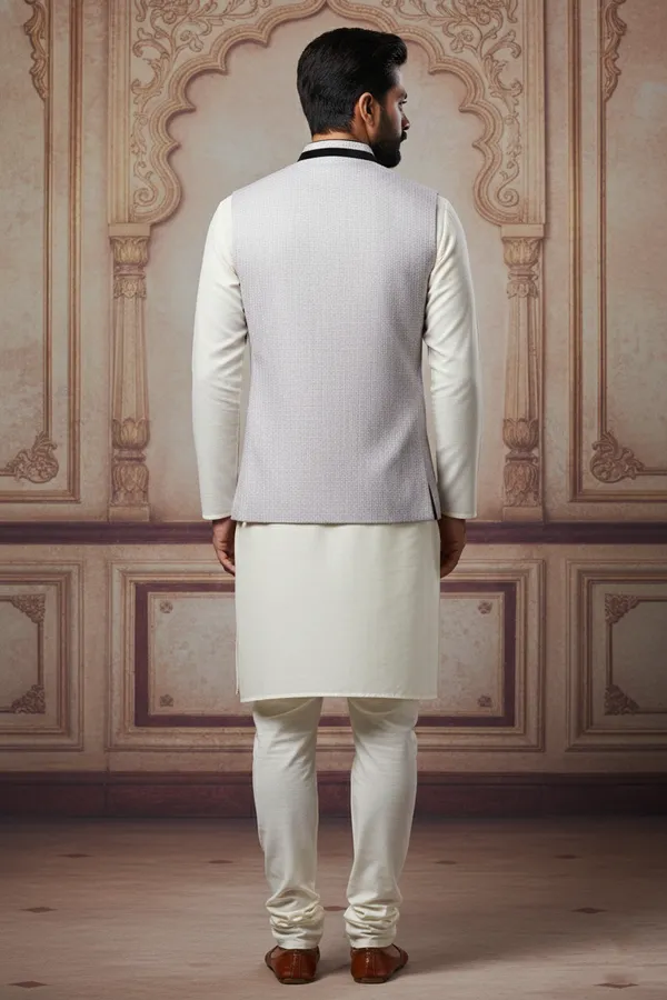 Light_Grey_And_Black_Premium_Pattern_Poly_Silk_Nehru_Jacket_Kurta_Pajama_Set_For_Men