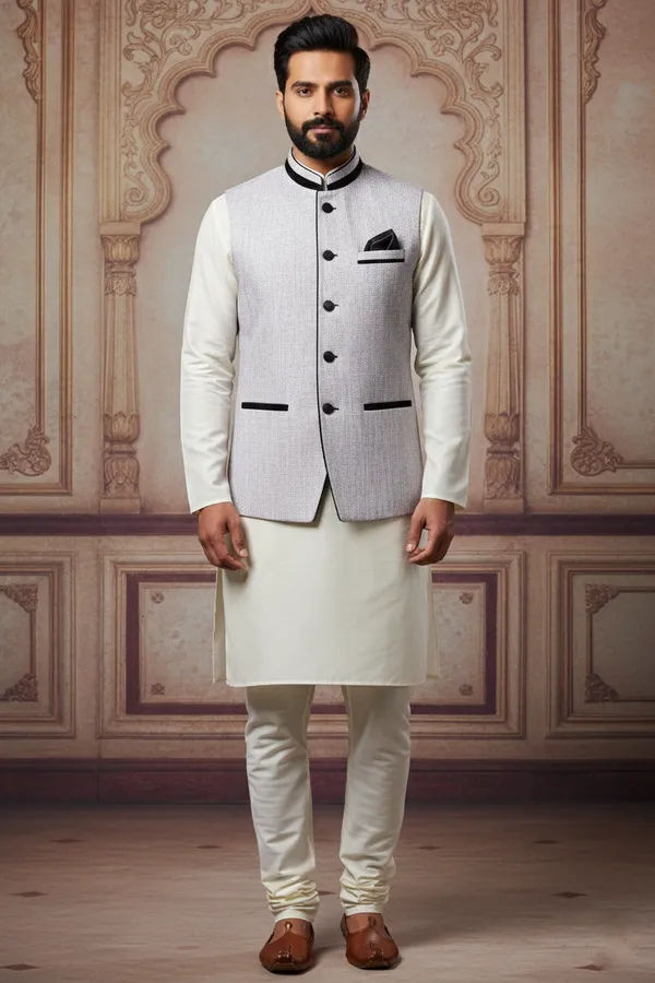 Light_Grey_And_Black_Premium_Pattern_Poly_Silk_Nehru_Jacket_Kurta_Pajama_Set_For_Men