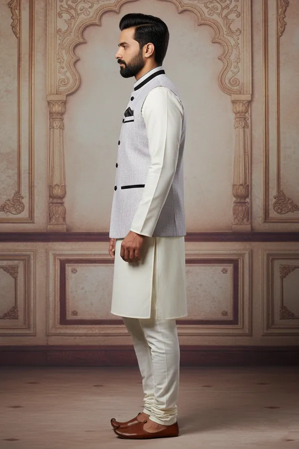 Light_Grey_And_Black_Premium_Pattern_Poly_Silk_Nehru_Jacket_Kurta_Pajama_Set_For_Men