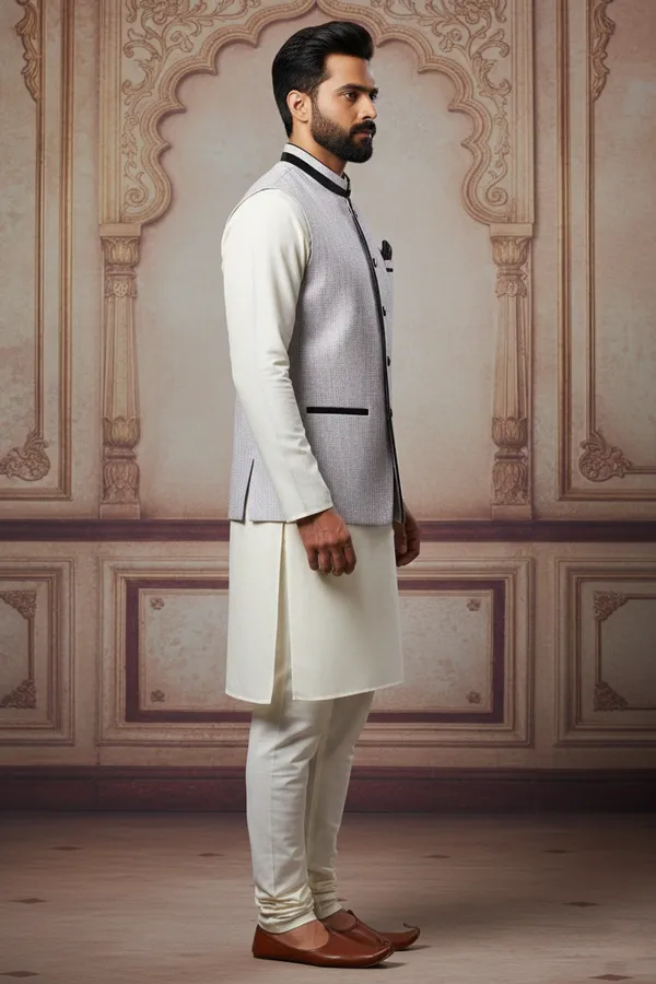 Light_Grey_And_Black_Premium_Pattern_Poly_Silk_Nehru_Jacket_Kurta_Pajama_Set_For_Men