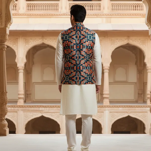 Navy_Blue_Premium_Pattern_Poly_Silk_Nehru_Jacket_Kurta_Pajama_Set_For_Men