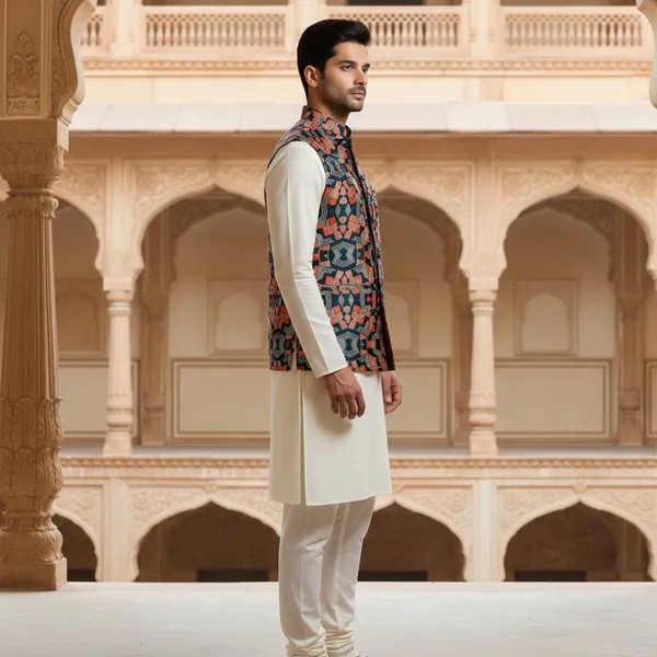 Navy_Blue_Premium_Pattern_Poly_Silk_Nehru_Jacket_Kurta_Pajama_Set_For_Men