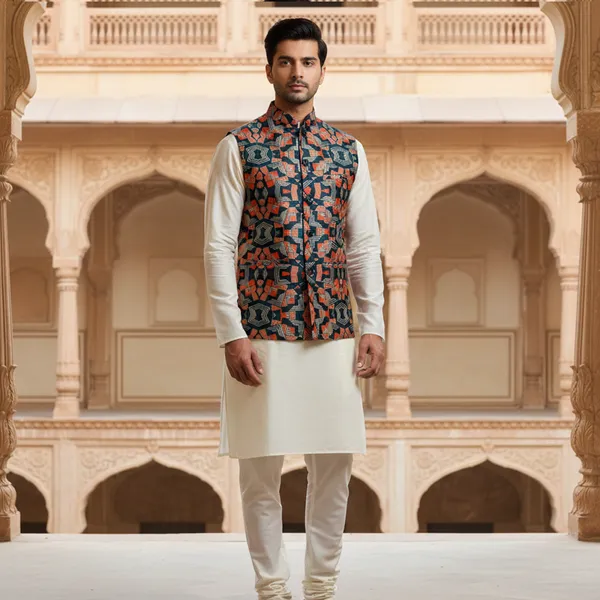 Navy_Blue_Premium_Pattern_Poly_Silk_Nehru_Jacket_Kurta_Pajama_Set_For_Men