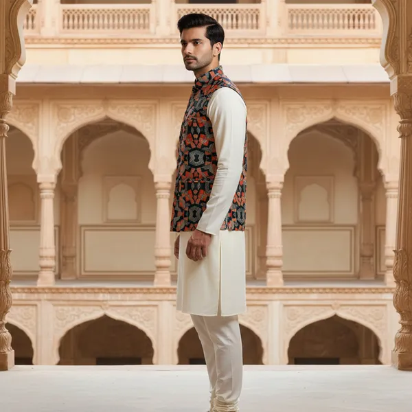Navy_Blue_Premium_Pattern_Poly_Silk_Nehru_Jacket_Kurta_Pajama_Set_For_Men