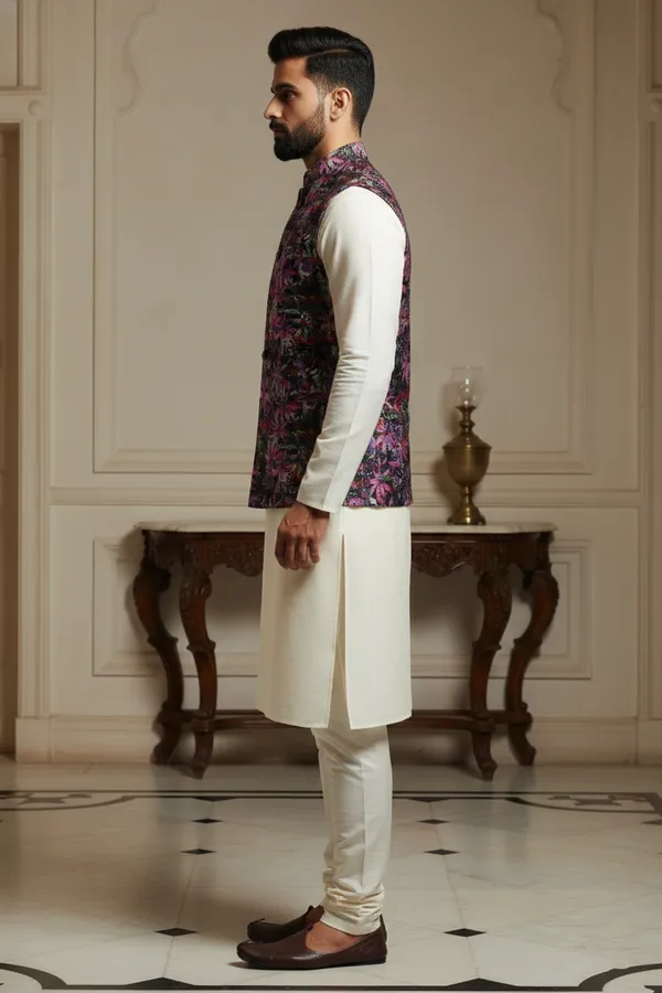 Dark_Floral_Premium_Pattern_Poly_Silk_Nehru_Jacket_Kurta_Pajama_Set_For_Men