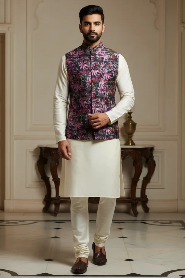 Dark_Floral_Premium_Pattern_Poly_Silk_Nehru_Jacket_Kurta_Pajama_Set_For_Men