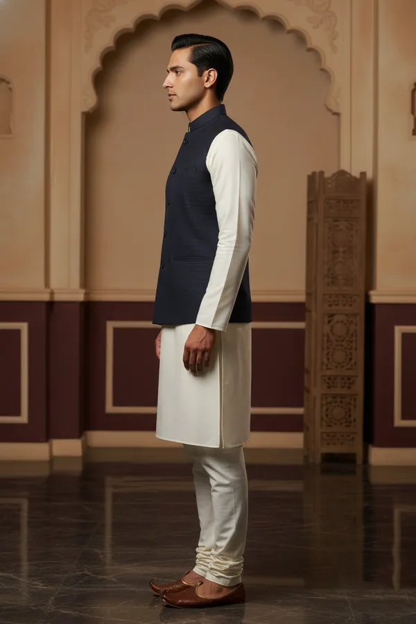 Navy_Blue_Premium_Pattern_Poly_Silk_Nehru_Jacket_Kurta_Pajama_Set_For_Men