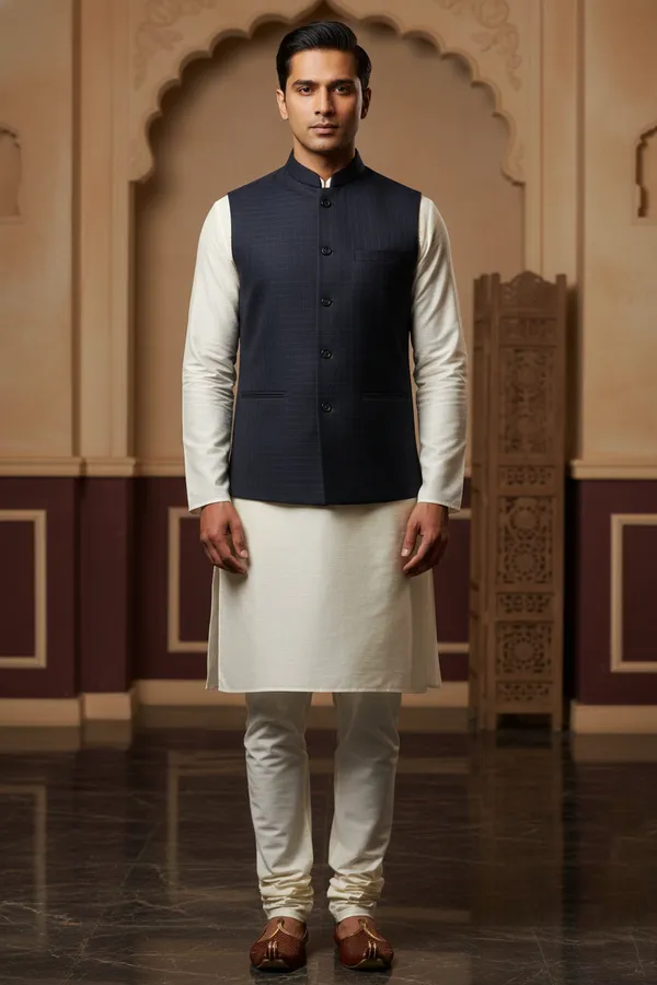 Navy_Blue_Premium_Pattern_Poly_Silk_Nehru_Jacket_Kurta_Pajama_Set_For_Men