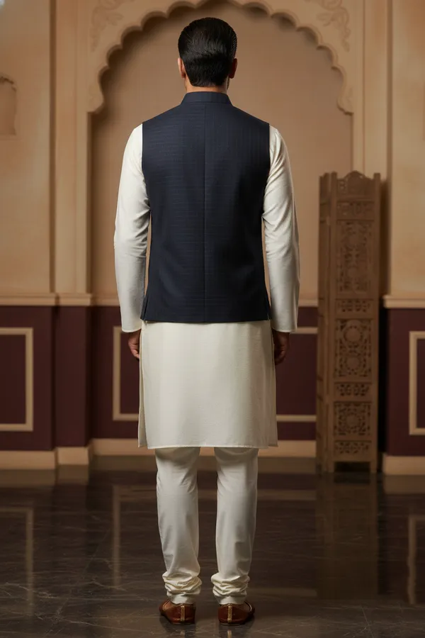 Navy_Blue_Premium_Pattern_Poly_Silk_Nehru_Jacket_Kurta_Pajama_Set_For_Men