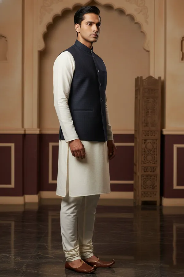Navy_Blue_Premium_Pattern_Poly_Silk_Nehru_Jacket_Kurta_Pajama_Set_For_Men