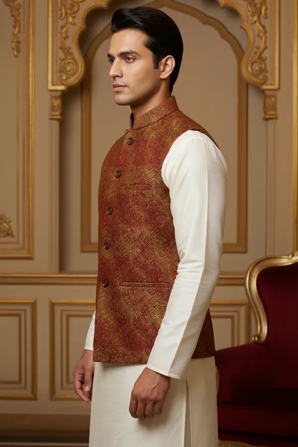 Maroon_Premium_Pattern_Poly_Silk_Nehru_Jacket_Kurta_Pajama_Set_For_Men