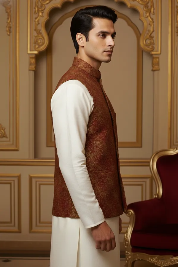 Maroon_Premium_Pattern_Poly_Silk_Nehru_Jacket_Kurta_Pajama_Set_For_Men