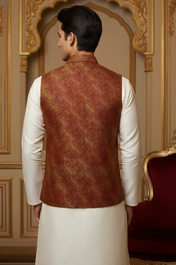 Maroon_Premium_Pattern_Poly_Silk_Nehru_Jacket_Kurta_Pajama_Set_For_Men