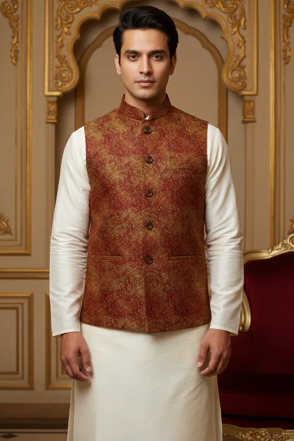 Maroon_Premium_Pattern_Poly_Silk_Nehru_Jacket_Kurta_Pajama_Set_For_Men