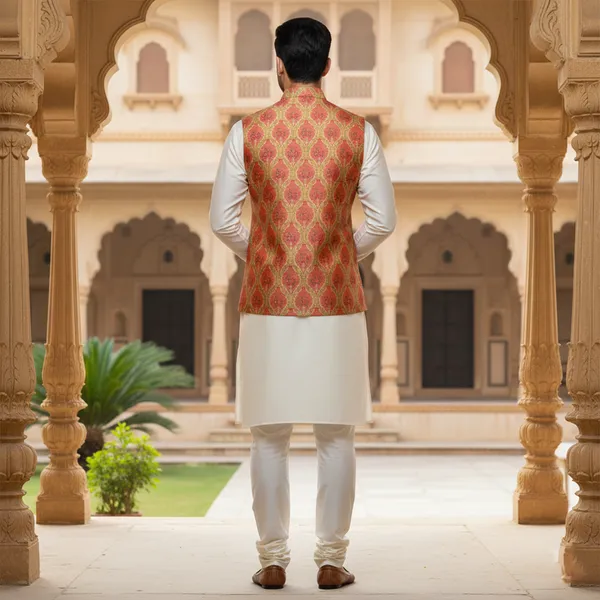 Red_And_Gold_Premium_Pattern_Brocade_Silk_Nehru_Jacket_Kurta_Pajama_Set_For_Men