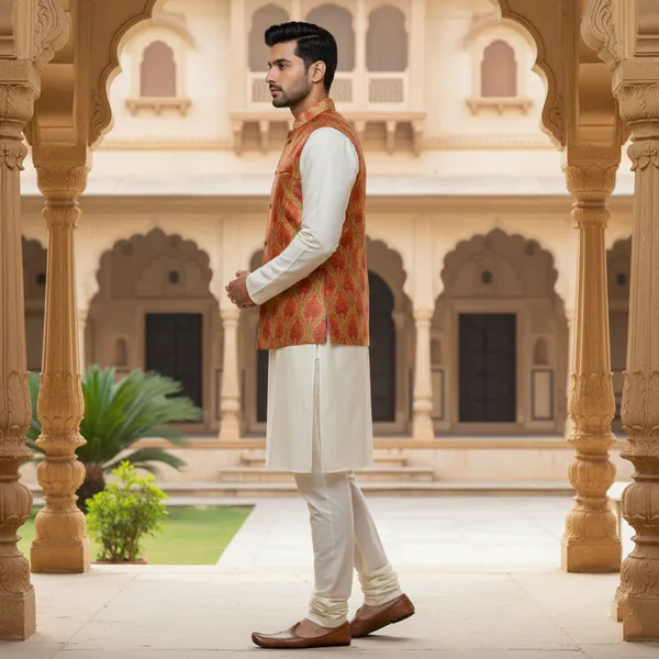 Red_And_Gold_Premium_Pattern_Brocade_Silk_Nehru_Jacket_Kurta_Pajama_Set_For_Men