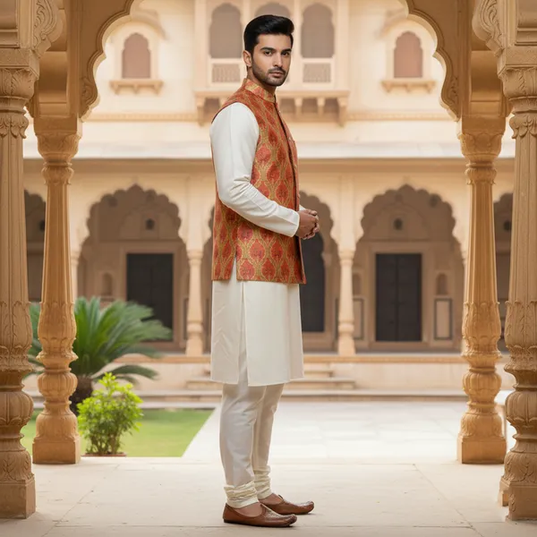 Red_And_Gold_Premium_Pattern_Brocade_Silk_Nehru_Jacket_Kurta_Pajama_Set_For_Men