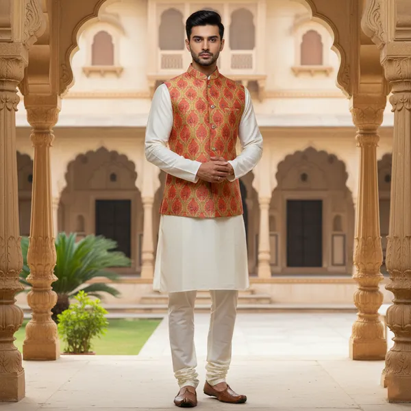 Red_And_Gold_Premium_Pattern_Brocade_Silk_Nehru_Jacket_Kurta_Pajama_Set_For_Men